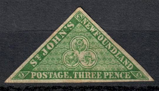 NEWFOUNDLAND 1860 Definitive 3d Green. Triangular stamp with 3 excellent margins. Hinge remains with not much original gum. - 54