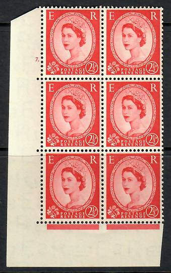 GREAT BRITAIN 1953 Elizabeth 2nd Definitive 2½d Red. Cylinder 7. Block of 6. - 54373 - UHM