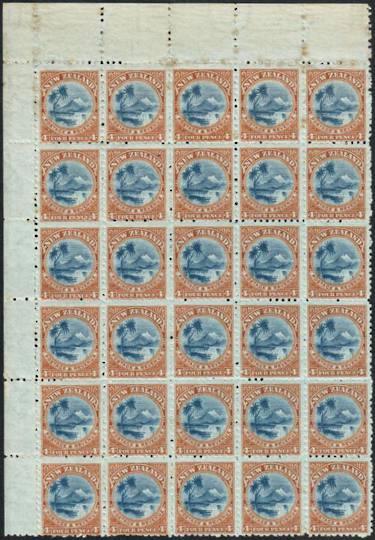NEW ZEALAND 1898 Pictorial 4d Lake Taupo. Second local issue. Watermark 7. Perf 11. listed reentryBlock of 30. Includes R1/3 (li