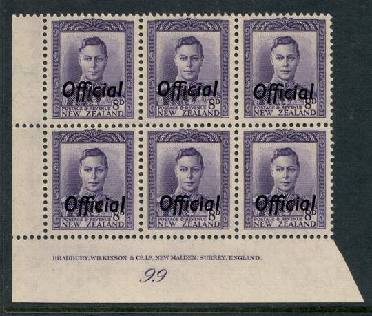 NEW ZEALAND 1938 Geo 6th Official 8d Violet. Plate 99. - 56534 - UHM