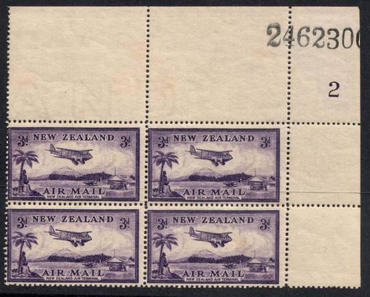 NEW ZEALAND 1935 Airmail 3d Purple. Plate block of 4. Plate 2. - 57814 - UHM