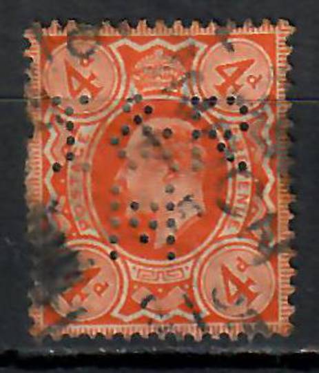 GREAT BRITAIN 1902 Edward 7th Definitive 4d Red-Orange. Perfin I & R over M. Heavy postmark. - 588 - Used