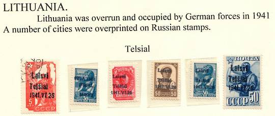 GERMAN OCCUPATION OF LITHUANIA 1941 Russian Definitives overprinted  Telsial 26/6/1941. Set of 6. Not listed by SG. Scarce. One