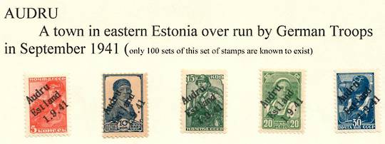 GERMAN OCCUPATION OF ESTONIA 1941 Russian Definitives overprinted Audru 1/9/1941. Set of 5. Not listed by SG. Only 100 sets know