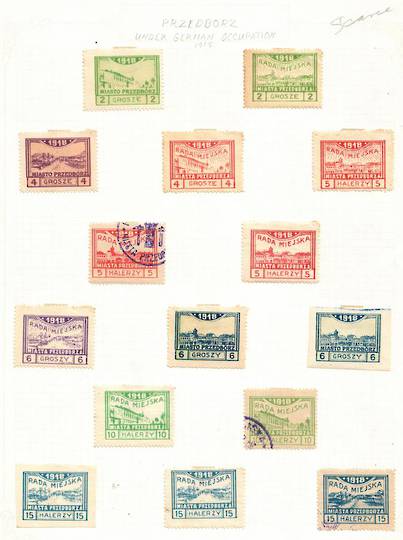 GERMAN OCCUPATION of POLAND 1917 Local Post Przedborz (Western Poland). Set of 15. Three used items, one of which PRZEDB..... Sc