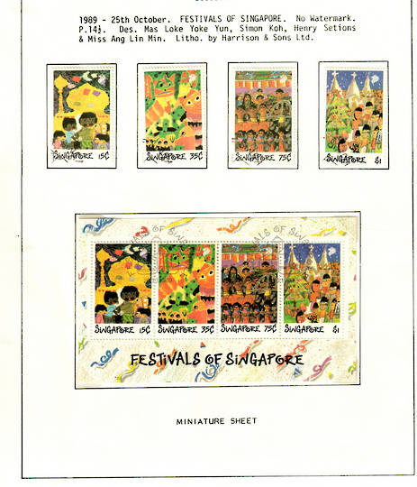 SINGAPORE 1989 Festivals of Singapore Childrens' Art. Set of 4 and miniature sheet. - 59603 - VFU