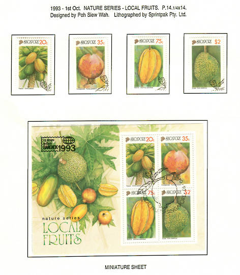 SINGAPORE 1993 Bangkok '93 International Stamp Exhibition. Fruits. Set of 4 and miniature sheet. - 59639 - VFU