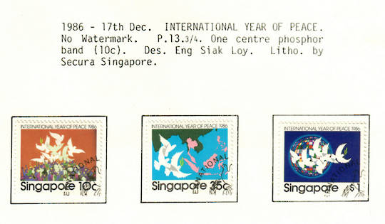 SINGAPORE 1986 International Year of Peace. Set of 3. - 59651 - VFU