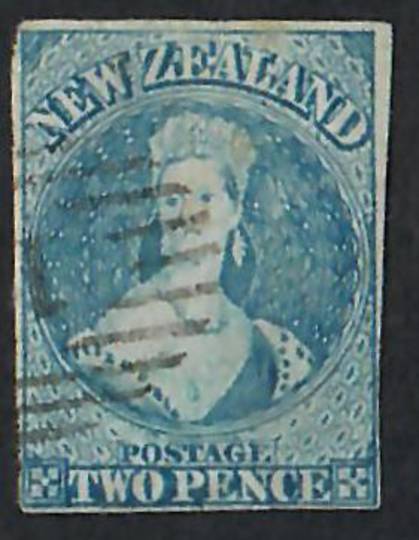 NEW ZEALAND 1855 Full Face Queen 2d Blue. Imperf. Davies print.  Four margin copy. Light postmark. Early plate wear. SG 38. - 60