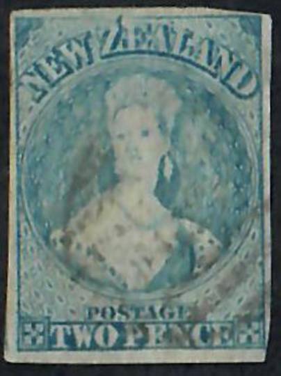 NEW ZEALAND 1855 Full Face Queen 2d Blue. Imperf. Davies print.  Four good margins. Light postmark. Advanced plate wear. SG 39.