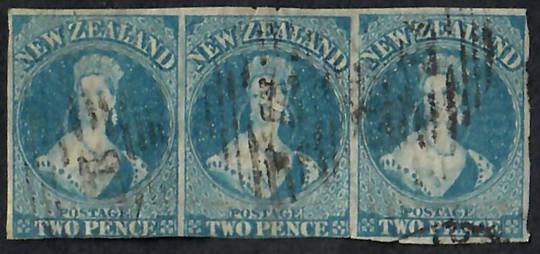 NEW ZEALAND 1855 Full Face Queen 2d Blue. Imperf. Strip of 3. Davies print.  Four good margins on the one stamp and 3 margins on