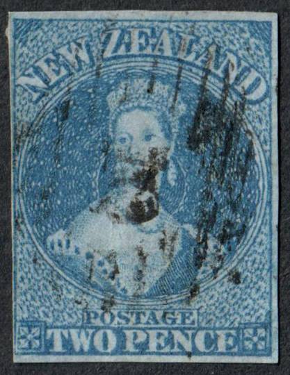 NEW ZEALAND 1855 Full Face Queen 2d Blue on blued paper.  Imperf. Cut square three margins the 4th touching. - 60018 - GU