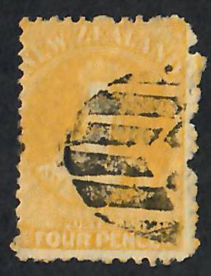 NEW ZEALAND 1862 Full Face Queen 4d Yellow. Heavy postmark. - 60046 - Used