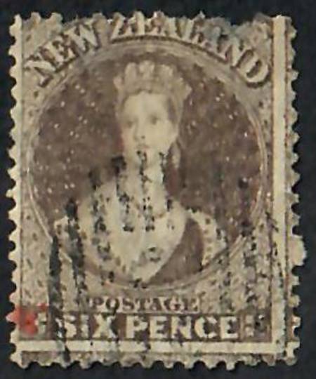 NEW ZEALAND 1862 Full Face Queen 6d Black-Brown. Perf 13. Thin at top. - 60053 - Used