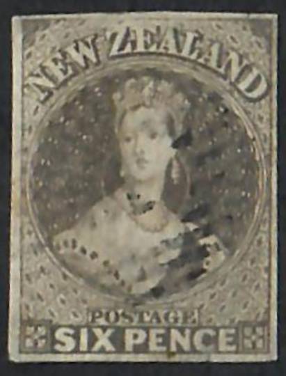 NEW ZEALAND 1855 Full Face Queen 6d Black-Brown. Imperf. Light postmark. Four margins. - 60056 - FU
