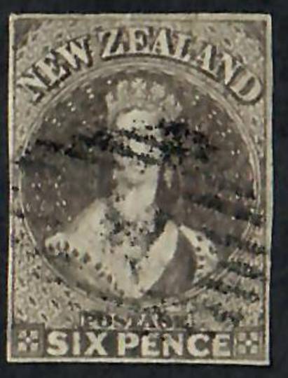 NEW ZEALAND 1855 Full Face Queen 6d Black-Brown Imperf. 4 margins. Light postmark. - 60060 - Used