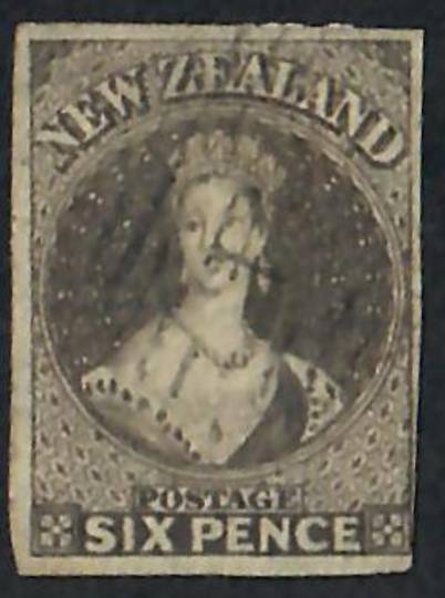 NEW ZEALAND 1855 Full Face Queen 6d Black-Brown. Imperf. Appears to have roulettes at top. Almost 4 complete margins-just touch