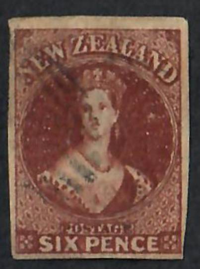 NEW ZEALAND 1855 Full Face Queen 6d Brown.  Imperf. Four complete margins. Very light postmark. - 60062 - FU