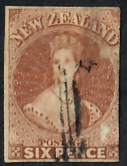 NEW ZEALAND 1855 Full Face Queen 6d Brown Imperf. 3 margins. No Watermark. Off face postmark. - 60065 - GU