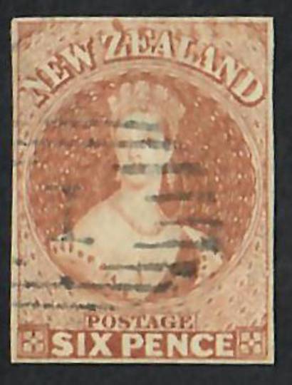 NEW ZEALAND 1855 Full Face Queen 6d Brown Imperf. 4 margins. No Watermark. Cancel 1. - 60066 - FU