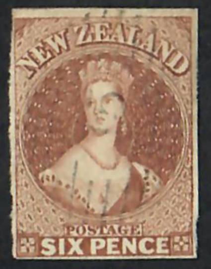 NEW ZEALAND 1855 Full Face Queen 6d Brown Imperf. 4 margins. No Watermark. Light postmark. - 60069 - VFU