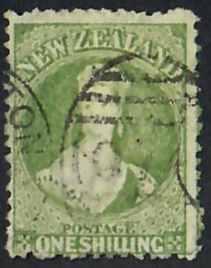 NEW ZEALAND 1862 Full Face Queen 1/- Greeen. Good copy. Light postmark but it does cover the face. - 60079 - FU
