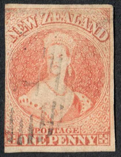 NEW ZEALAND 1855 Full Face Queen 1d Orange. Imperf.  No Watermark. Fine cancel. 3 margins. Identified by vendor as SG 48 £800. C