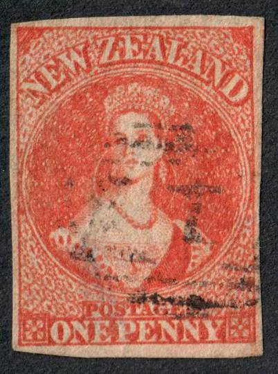 NEW ZEALAND 1855 Full Face Queen 1d Red Imperf. Four clear margins. Light postmark but impinges on the face. CP A1e(4). - 60094
