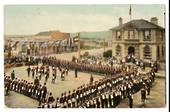 Coloured Postcard of Levin. Soldiers on Parade in front of the Post Office 30/10/1917. Obviosly the victory parade. - 69536 - Po
