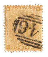 GREAT BRITAIN 1862 9d Straw. Thick paper. Well centred. Pmk 46 in oval bars Good perfs. - 70240 - FU