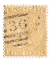 GREAT BRITAIN 1865 Definitive 9d Straw. Light postmark Oval 36. It does obscure the face. Excellent perfs. - 70249 - Used