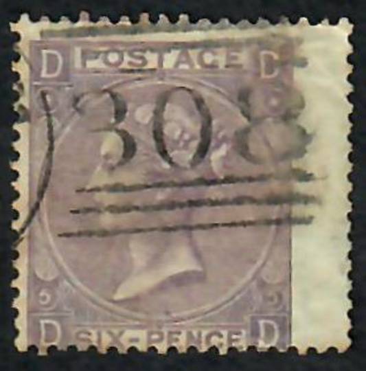 GREAT BRITAIN 1865 Definitive 6d Lilac. Fine used. Right wing margin. Good perfs. Postmark 308 in bars. Light strike. Centred So