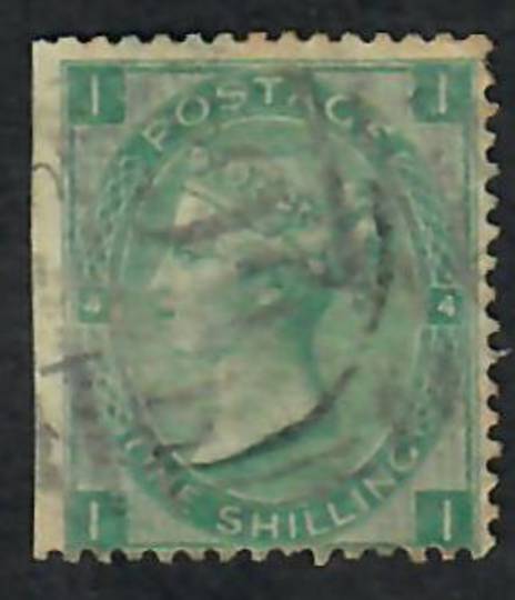 GREAT BRITAIN 1865 Definitive 1/- Green. Plate 4. Appears to have been a left wing margin stamp, the margin being cut off. Light