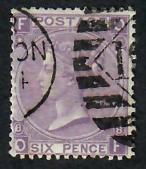 GREAT BRITAIN 1867 6d  Mauve. Without hyphen. Plate 8. Letters FOOF. Postmark ON and part diamond in bars. Good perfs. Reasonabl