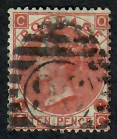 GREAT BRITAIN 1867 10d Deep Red Brown. Plate 1. Letters CQQC. Postmark 96 incircle in bars. Centred south east. Postmark heavy.