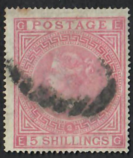 GREAT BRITAIN 1867 5/- Pale Rose. Plate 2. Letters GEEG. Fresh colour. Centred south east. Postmark smudged but still better tha