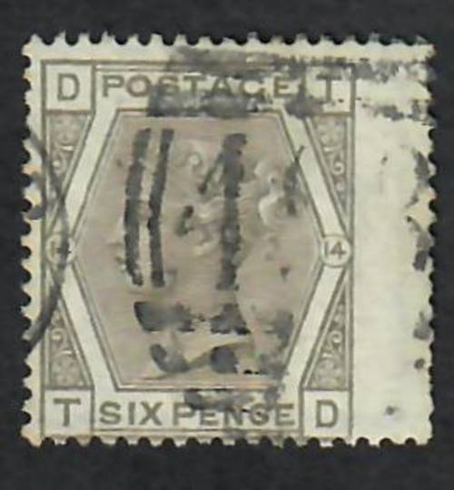 GREAT BRITAIN 1873 6d Grey. Plate 14. Letters DTTD. Right wing margin. Perfs are dull down that margin. Centred south. - 70294 -
