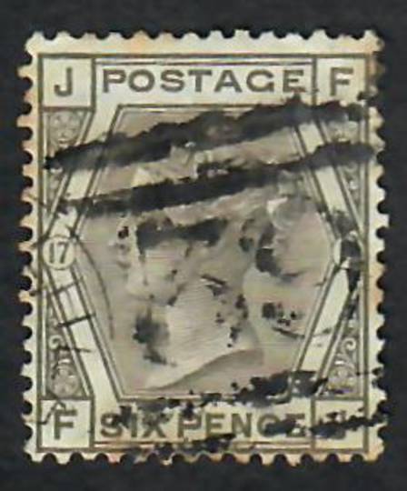 GREAT BRITAIN 1873 6d Grey. Plate 17. Letters JFFJ. Centred slightly south. Nice perfs. Reasonable postmark. Slight fold in one