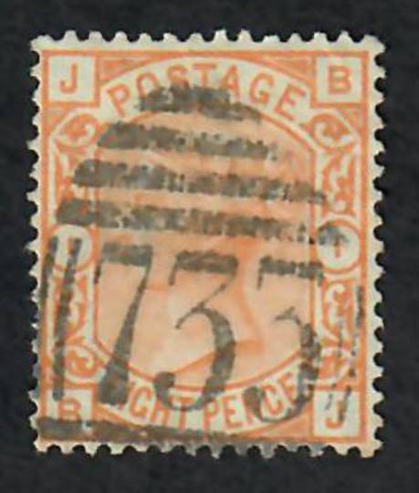 GREAT BRITAIN 1873 8d Orange. Plate 1. Letters JBBJ. Well centred. Good perfs. Postmark 733 in oval bars. Good colour. - 70305 -