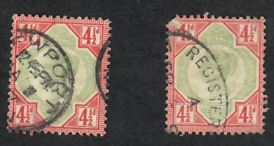 GREAT BRITAIN 1887 Victoria 1st Definitive 4½d Green and Deep Bright Carmine. NEWPORT postmark. A damaged copy of the Carmine sh