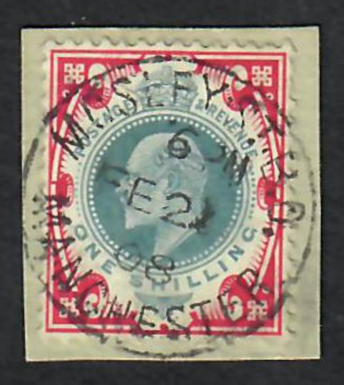 GREAT BRITAIN 1902 1/- Dull Green & Carmine on piece with complete MOSLEY ST MANCHESTER cds 21/2/08. Very nice. - 70357 - FU