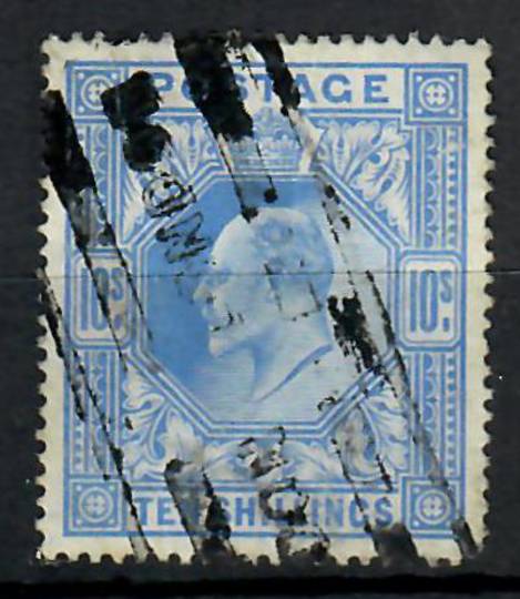 GREAT BRITAIN 1901 Edward 7th Definitive 10/-Ultramarine. Roller cancel applied diagonally. Heavy in places but frames the face.