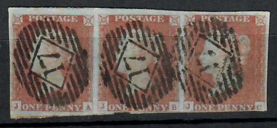 GREAT BRITAIN 1841 1d Red. Imperf. Strip of three. One stamp has four clear margins.The others slightly cut. Letters JA JB JC Th