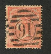GREAT BRITAIN 1862 4d Bright Red. A few nibbled perfs. Small thin. Postmark 91 in circle in bars. - 70415 - Used