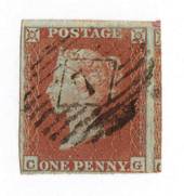 GREAT BRITAIN 1841 1d Pale Red-Brown. Worn Plates. Letters CG. Postmark 7 in diamond in bars. Four margins, just touching in one