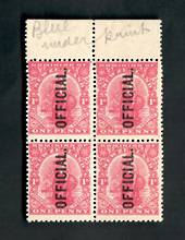 NEW ZEALAND 1909 1d Dominion Official. Imitation watermark. Selvedge Block of 4 with letters waternmark in the selvedge. - 70455