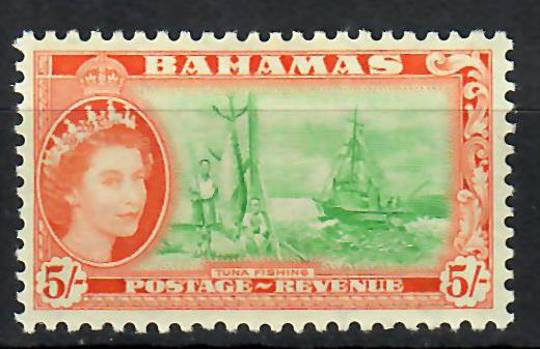 BAHAMAS 1954 Elizabeth 2nd 5/- Bright emerald and Orange. Tuna Fishing. Hinge remains. - 70484 - Mint