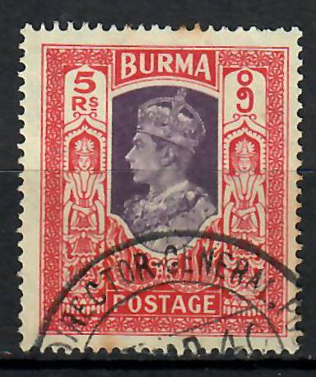 BURMA 1938 George 6th 5 rupees. Centred south east. Postmark DIRECTOR GENERAL cds dated 1940. One dull perf. - 70549 - VFU