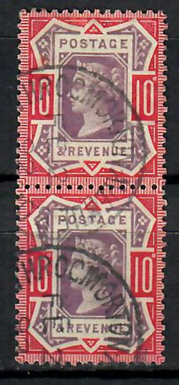 GREAT BRITAIN 1887 Victoria 1st Definitive 10d Dull Purple and Carmine. Superb vertical pair with excellent cancels ...HROCKMORT