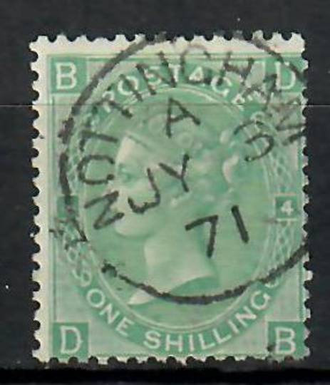 GREAT BRITAIN 1865 Victoria 1st Definitive 1/- Green with superb NOTTINGHAM JY 3 71 cancel. Plate 4. - 70568 - VFU